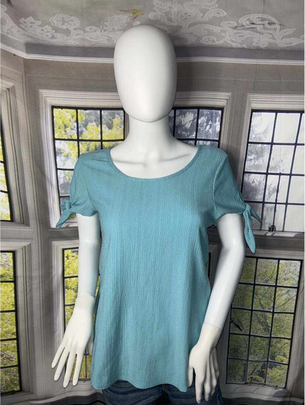 Boho Textured Aqua Tie Sleeve Top | Lightweight Flowy Blouse | Casual Chic